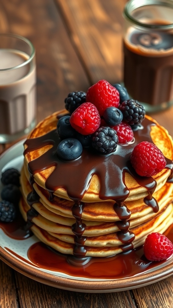 Fluffy pancakes made with mystic flour, topped with chocolate syrup and berries, with a glass of shadow milk.